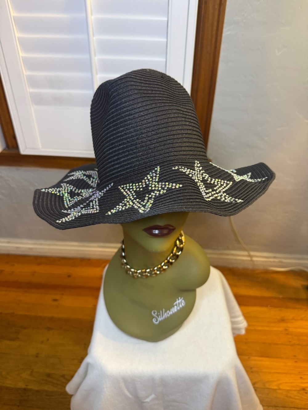 Silhouette Black Wide-Brim Hat with Rhinestone Star Accents